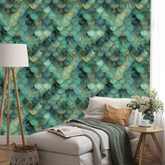 SAMOLEPÍCÍ TAPETA ZELENÉ MOŘSKÉ ŠUPINY S NÁDECHEM ZLATA - VZOROVANÉ TAPETY - TAPETY