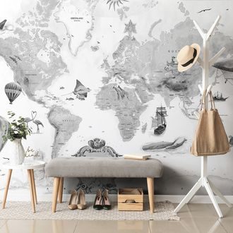 SAMOLEPÍCÍ TAPETA KRESLENÁ BÍLO-ŠEDÁ MAPA - SAMOLEPÍCÍ TAPETY - TAPETY