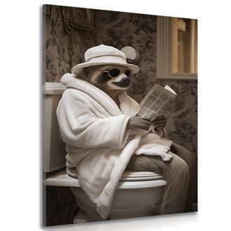 WANDBILD FAULTIER MIT EINER ZEITUNG AUF DEM KLO - BILDER TIERE - BILDER