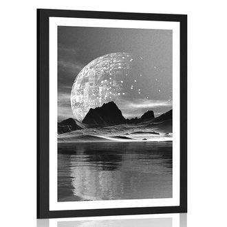 POSTER WITH MOUNT FUTURISTIC LANDSCAPE IN BLACK AND WHITE - BLACK AND WHITE - POSTERS