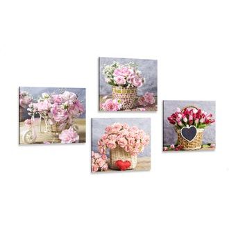Set of pictures bouquet of flowers in vintage design