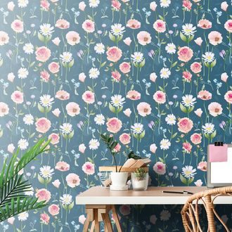 SELF ADHESIVE WALLPAPER ROMANTIC FLOWERS ON A BLUE BACKGROUND - SELF-ADHESIVE WALLPAPERS - WALLPAPERS