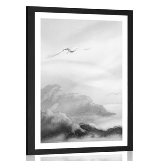 POSTER MIT PASSEPARTOUT FLIEGENDE VÖGEL ÜBER DER LANDSCHAFT IN SCHWARZ-WEISS - SCHWARZ-WEISS - POSTER