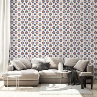 SAMOLEPÍCÍ TAPETA ORANŽOVO-MODRÉ KVĚTINOVÉ KRUHY - VZOROVANÉ TAPETY - TAPETY