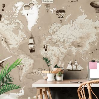 SAMOLEPÍCÍ TAPETA BÉŽOVÁ KRESLENÁ MAPA S PLAVIDLY - SAMOLEPÍCÍ TAPETY - TAPETY