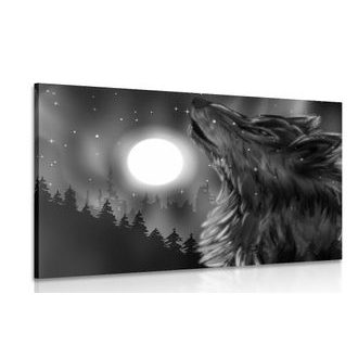 Slika volk v soju lune v črnobeli izvedbi