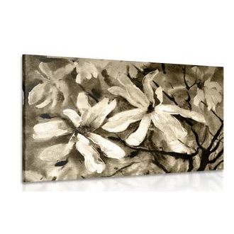 OBRAZ ROZKVETLÝ AKVARELOVÝ STROM V SÉPIOVÉM PROVEDENÍ - ČERNOBÍLÉ OBRAZY - OBRAZY