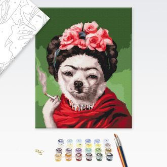 PICTARE CONFORM NUMERELOR CÂINE CU ȚIGARĂ INSPIRAT DE FRIDA - ANIMALE - PICTURĂ ÎN BAZA CIFRELOR