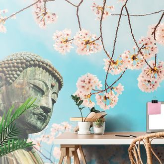 WALL MURAL BUDDHA STATUE WITH A CHERRY - WALLPAPERS FENG SHUI - WALLPAPERS