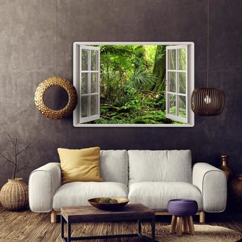 obývačka so šedou stenou, etno dekoráciami a obrazom s motívom džungle