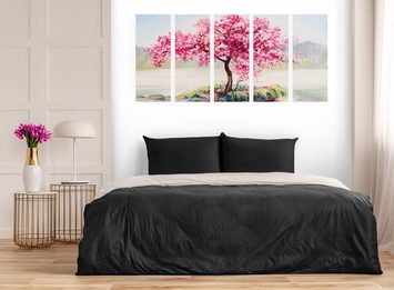 spálňa, 5 dielny rovný obraz s motívom stromu s ružovými kvetmi
