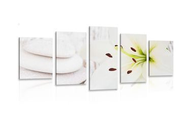 5-PIECE CANVAS PRINT LILY AND MASSAGE STONES IN WHITE DESIGN - PICTURES FENG SHUI - PICTURES