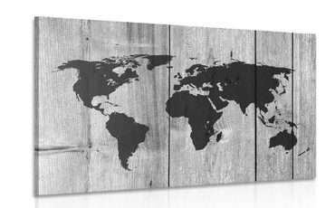 CANVAS PRINT BLACK AND WHITE MAP ON A WOODEN BACKGROUND - PICTURES OF MAPS - PICTURES