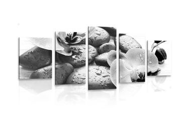 5-PIECE CANVAS PRINT BEAUTIFUL INTERPLAY OF STONES AND ORCHIDS IN BLACK AND WHITE - BLACK AND WHITE PICTURES - PICTURES