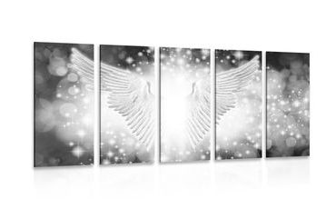 5-PIECE CANVAS PRINT BLACK AND WHITE WINGS WITH ABSTRACT ELEMENTS - BLACK AND WHITE PICTURES - PICTURES