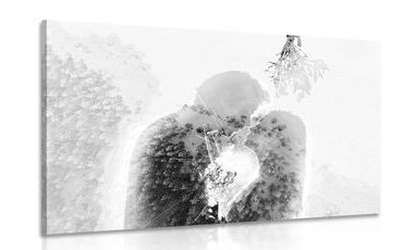Wandbild Verliebtes Paar unter dem Mistelzweig in Schwarz-Weiß