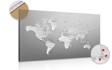 DECORATIVE PINBOARD BLACK AND WHITE WORLD MAP IN ORIGINAL DESIGN - PICTURES ON CORK - PICTURES