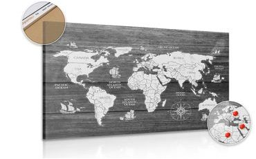 Wandbild auf Kork Schwarz-weiße Weltkarte auf Holz