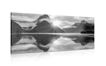 CANVAS PRINT MILFORD SOUND AT SUNRISE IN BLACK AND WHITE - BLACK AND WHITE PICTURES - PICTURES