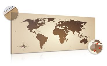DECORATIVE PINBOARD WORLD MAP IN SHADES OF BROWN - PICTURES ON CORK - PICTURES