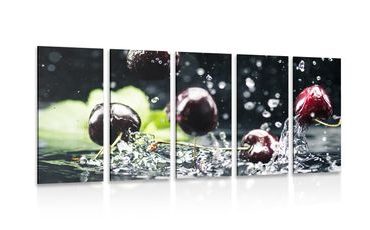 QUADRO IN 5 PARTI CILIEGIE MATURE NELL'ACQUA - QUADRI DI CIBI E BEVANDE - QUADRI