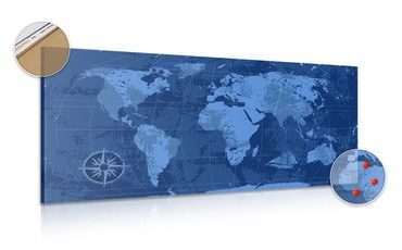 DECORATIVE PINBOARD RUSTIC WORLD MAP IN BLUE - PICTURES ON CORK - PICTURES