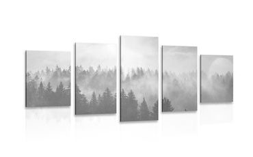 QUADRO IN 5 PARTI NEBBIA SULLA FORESTA IN BIANCO E NERO - QUADRI BIANCO E NERO - QUADRI