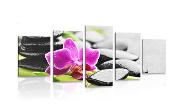 IMPRESSION SUR TOILE EN 5 PARTIES BIEN-ÊTRE NATURE MORTE AVEC UNE ORCHIDÉE VIOLETTE - IMPRESSIONS SUR TOILE FENG SHUI - IMPRESSION SUR TOILE