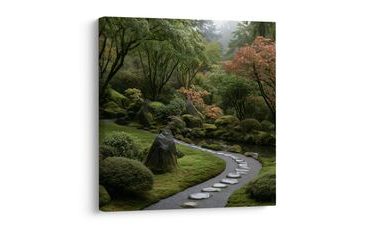 TABLEAU SUR TOILE – JARDIN ZEN PAISIBLE DANS LA VERDURE - TABLEAUX ARBRES ET FEUILLES - TABLEAUX