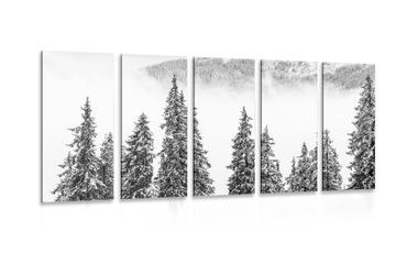 QUADRO IN 5 PARTI PINI RICOPERTI DI NEVE IN BIANCO E NERO - QUADRI BIANCO E NERO - QUADRI