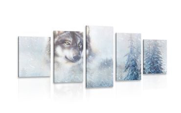 5-teiliges Wandbild Wolf in verschneiter Landschaft