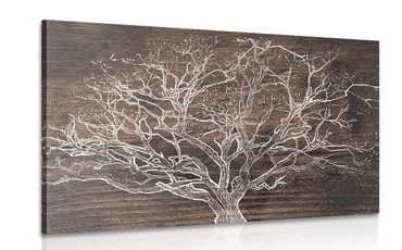 QUADRO DI UNA CHIOMA DI UN ALBERO SU SFONDO IN LEGNO - QUADRI ALBERI E FOGLIE - QUADRI