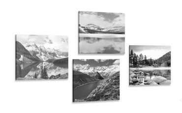 SET OBRAZŮ OKOUZLUJÍCÍ HORSKÉ KRAJINY V ČERNOBÍLÉM PROVEDENÍ - SESTAVY OBRAZŮ - OBRAZY
