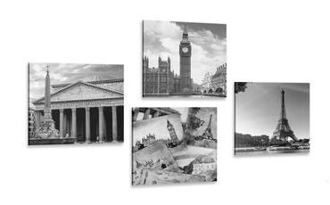 CANVAS PRINT SET HISTORICAL MONUMENTS IN BLACK AND WHITE - SET OF PICTURES - PICTURES