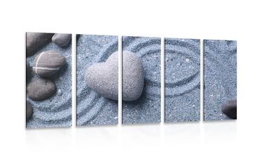 5-PIECE CANVAS PRINT HEART OF STONE ON A SANDY BACKGROUND - STILL LIFE PICTURES - PICTURES