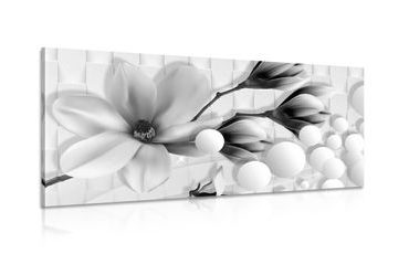 CANVAS PRINT BLACK AND WHITE MAGNOLIA WITH ABSTRACT ELEMENTS - BLACK AND WHITE PICTURES - PICTURES