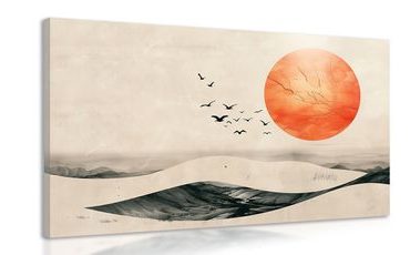 WANDBILD JAPANDI LANDSCHAFT MIT ORANGEFARBENEM MOND - JAPANDI WANDBILDER - BILDER