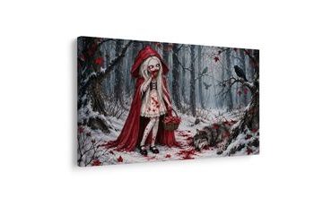 WANDBILD BLUTIGE ROTKÄPPCHEN IM WINTERWALD - WANDBILDER FÜR EIN STUDENTENZIMMER - BILDER