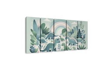 5-TEILIGES WANDBILD DINO-WELT MIT REGENBOGEN UND GRÜNEM DSCHUNGEL - KINDERBILDER TIERE - BILDER