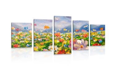 5-PIECE CANVAS PRINT OIL PAINTING WILD FLOWERS - PICTURES OF NATURE AND LANDSCAPE - PICTURES