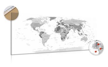 DECORATIVE PINBOARD BLACK AND WHITE MAP WITH NAMES - PICTURES ON CORK - PICTURES