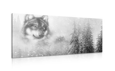 IMPRESSION SUR TOILE D'UN LOUP DANS UN PAYSAGE ENNEIGÉ EN NOIR ET BLANC - IMPRESSIONS SUR TOILE NOIR ET BLANC - IMPRESSION SUR TOILE