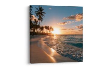 TABLEAU SUR TOILE – PALMIERS AU BORD DE LA MER - TABLEAUX LEVER ET COUCHER DE SOLEIL - TABLEAUX