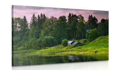 IMPRESSION SUR TOILE COTTAGES DE CONTE DE FÉES AU BORD D'UNE RIVIÈRE - IMPRESSION SUR TOILE DE NATURE ET PAYSAGE - IMPRESSION SUR TOILE