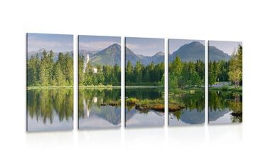 IMPRESSION SUR TOILE EN 5 PARTIES BEAU PANORAMA DE MONTAGNES AU BORD DU LAC - IMPRESSION SUR TOILE DE NATURE ET PAYSAGE - IMPRESSION SUR TOILE