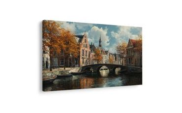 OBRAZ PODZIMNÍ KANÁL S MOSTEM - BAREVNÉ DOMY - OBRAZY