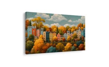 OBRAZ PODZIMNÍ MĚSTO MEZI STROMY - BAREVNÉ DOMY - OBRAZY