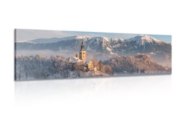 TABLEAU SUR TOILE – ÉGLISE AU LAC BLED EN SLOVÉNIE - TABLEAUX DE LA NATURE ET DES PAYSAGES - TABLEAUX