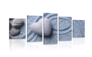 5-PIECE CANVAS PRINT HEART OF STONE ON A SANDY BACKGROUND - STILL LIFE PICTURES - PICTURES