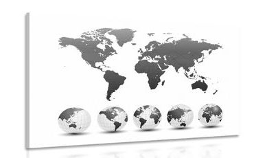 CANVAS PRINT GLOBES WITH A WORLD MAP IN BLACK AND WHITE - PICTURES OF MAPS - PICTURES